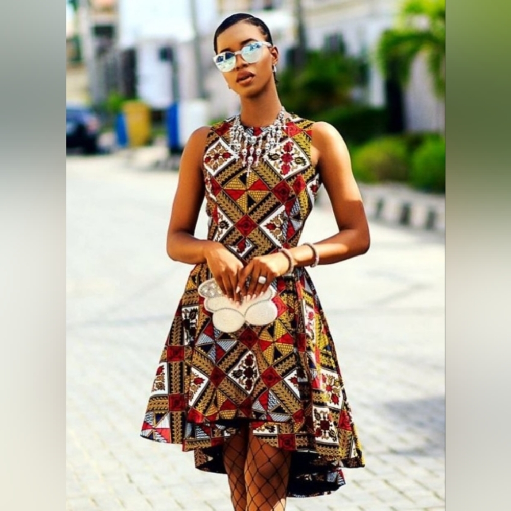 Mae Otti Navy Yellow Red Print High Low Dress